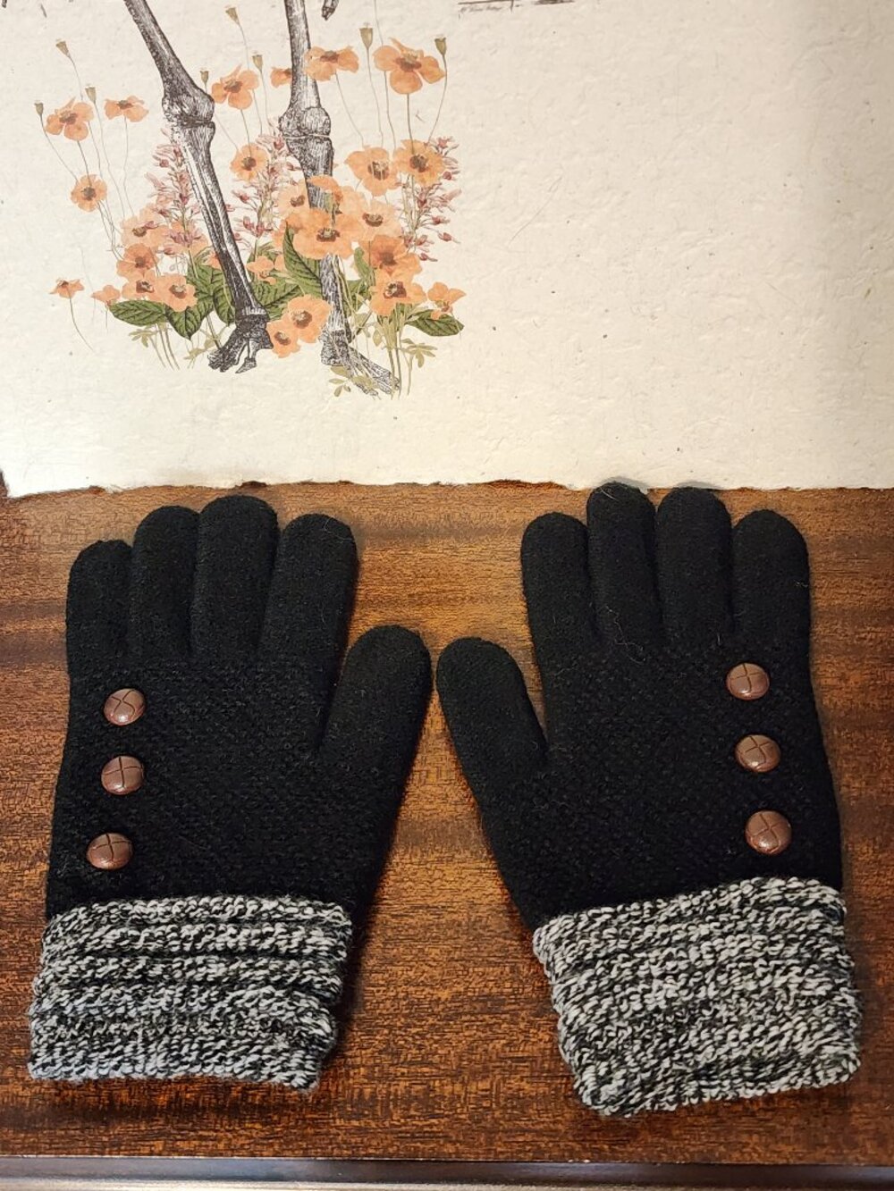 2/$15 Black and Gray Winter Gloves with Brown Faux Buttons